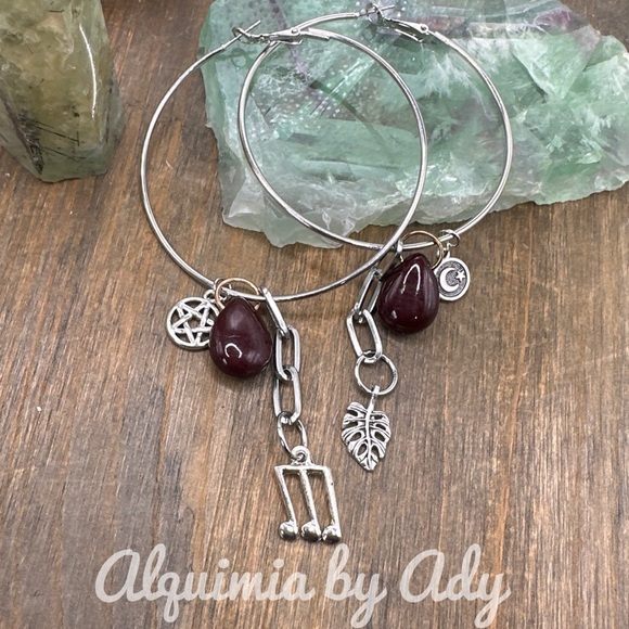 Red Turquoise fringe charms extra long dangle silver hoops earrings - Picture 1 of 6